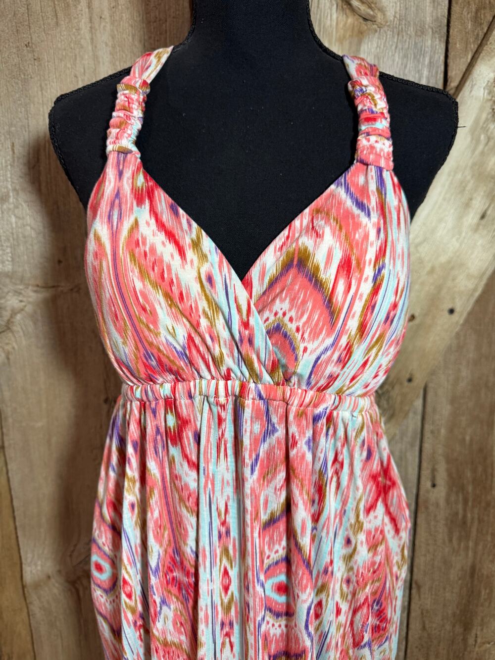 Women's Size Large Pink Rose Patterned Halter Maxi Dress Padded Front